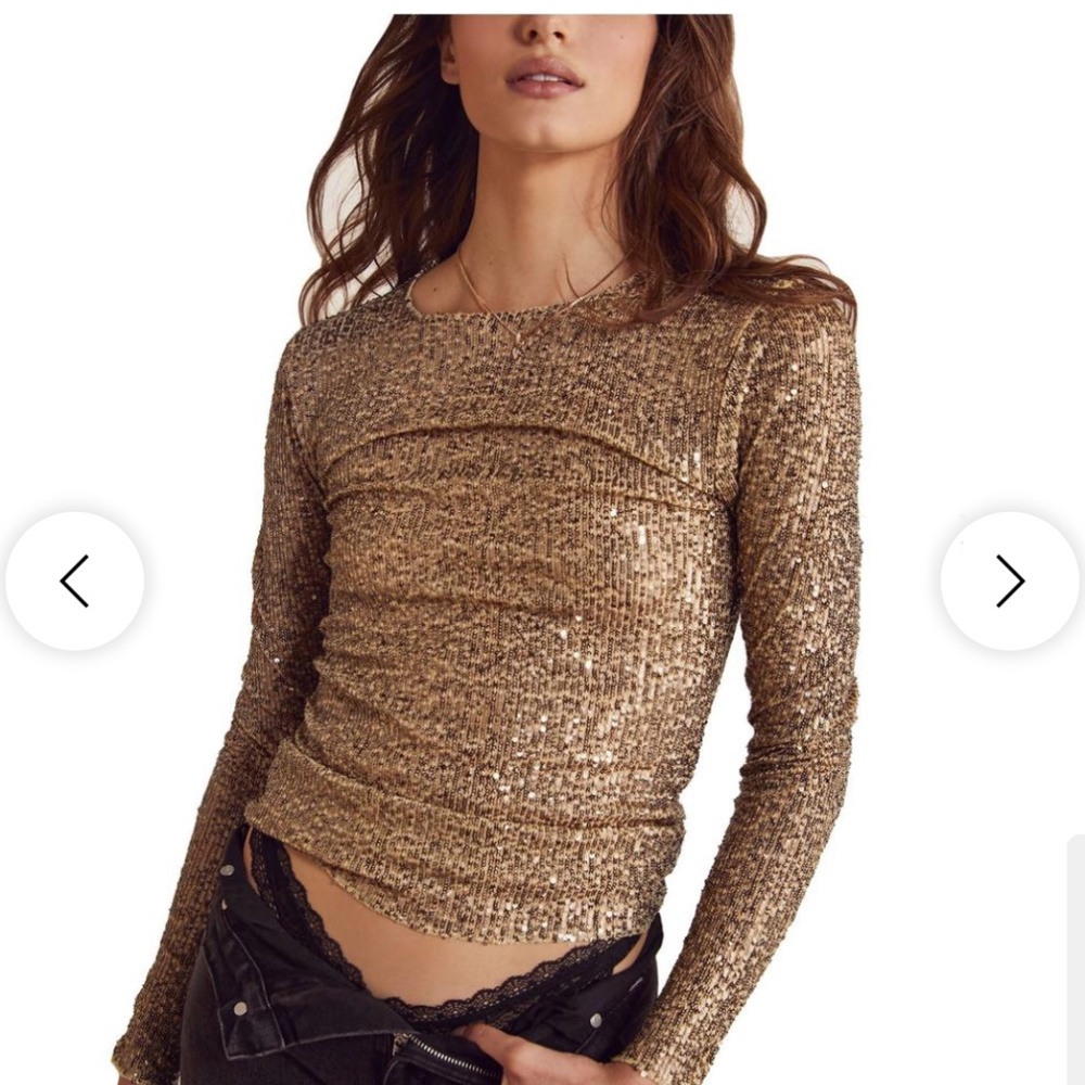 Free People Intimately Free Gold Rush Long Sleeve Sequin Top Womens SZ M